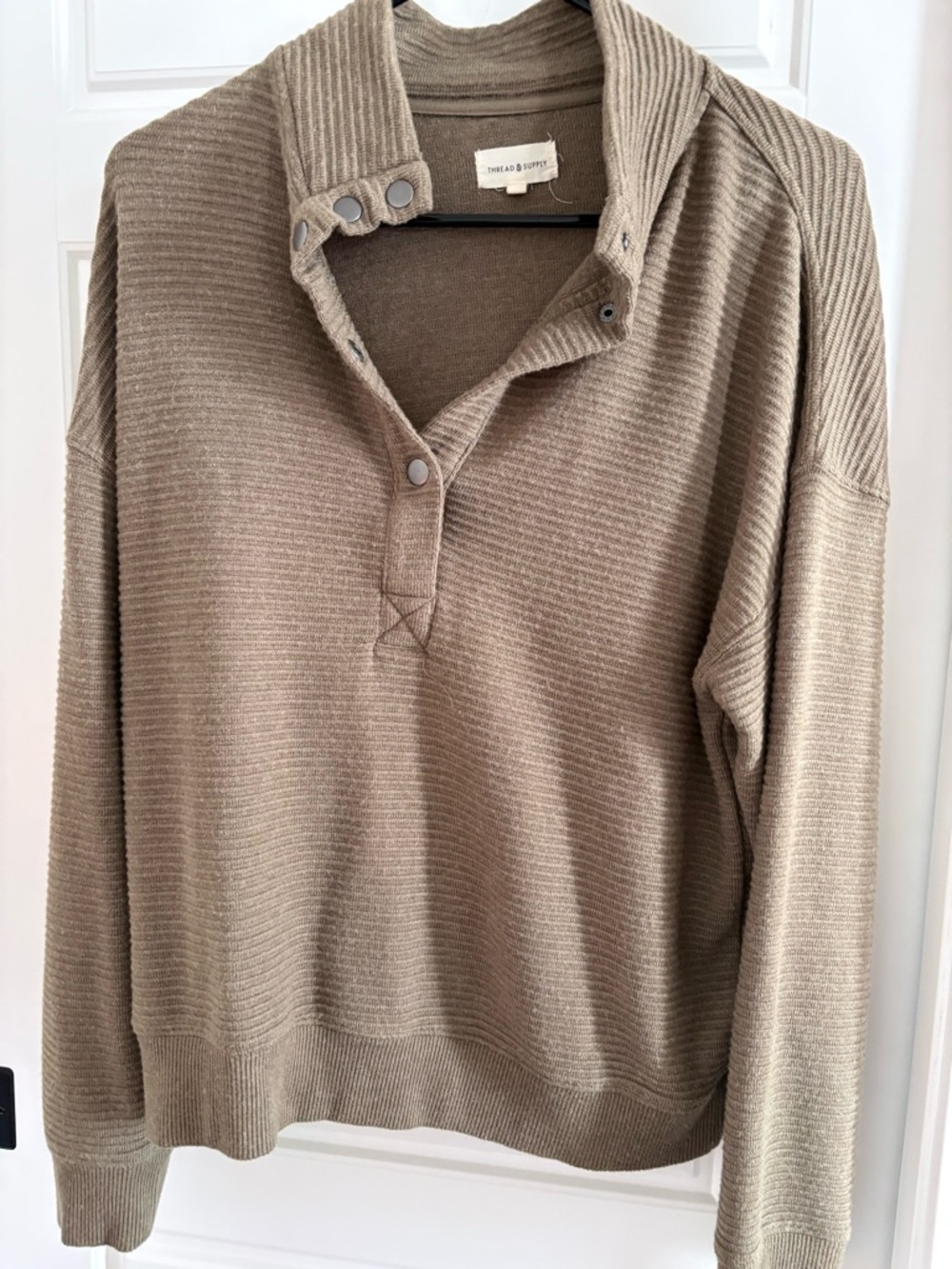 Thread & Supply Brand-Olive Green Ribbed Snap-Front Pullover Sweater